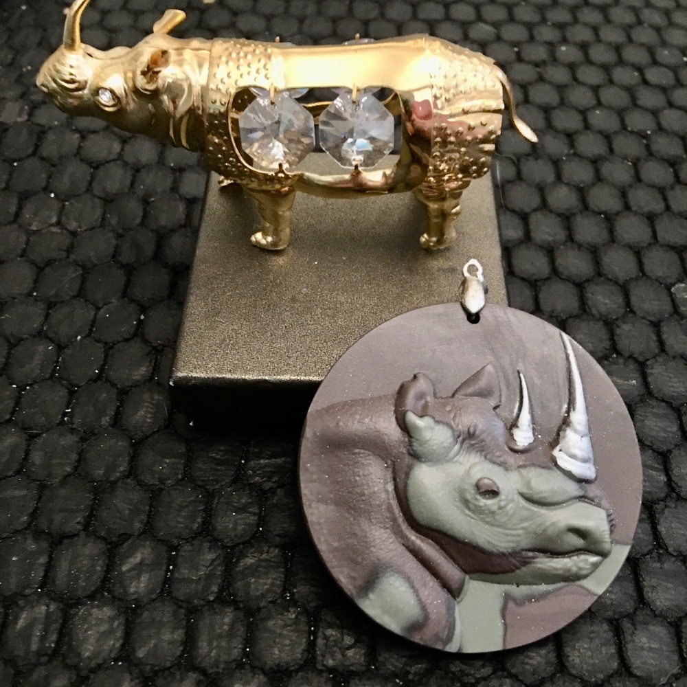 SALE! 14k Gold-plated Crystal-embedded Rhino AND A Handpainted Cameo Pendant